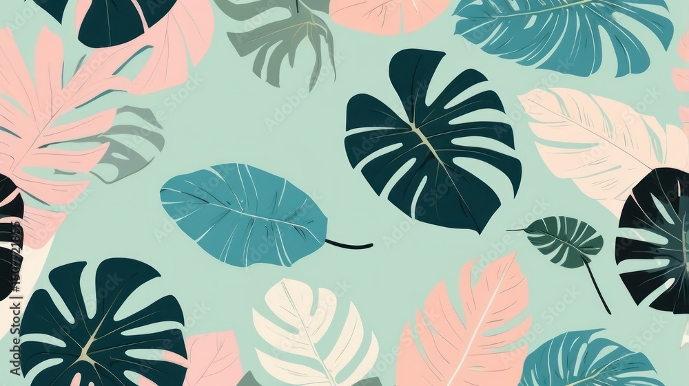 Obraz premium Pastel Tropical Monstera Leaf Pattern Seamless Illustration for Design Projects