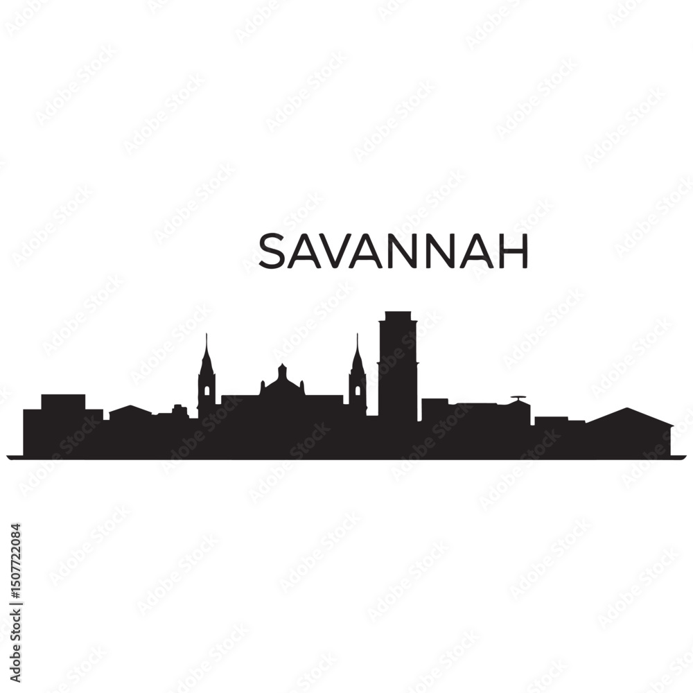 Naklejka premium Savannah skyline horizontal banner. Black Savannah, Georgia. Vector template for your design. Vector black silhouette. with white background