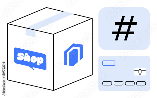 Shipping box with shop badge, metadata tag, and credit card highlighting e-commerce, social media marketing, secure payments. Ideal for retail, branding, shipping solutions, payment methods digital