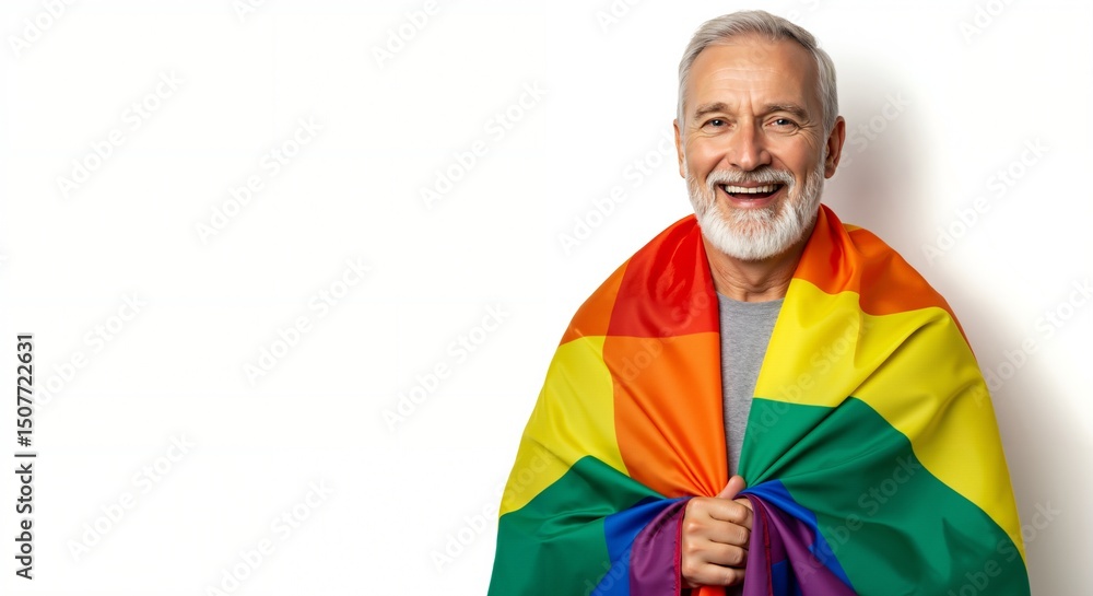Happy senior man with white beard smiling, wrapped in a rainbow pride flag. Elderly gay person celebrating LGBTQ+ identity and community, isolated on white background with copy space. Happy senior man with white beard smiling, wrapped in a rainbow pride flag. Elderly gay person celebrating LGBTQ+ identity and community, isolated on white background with copy space.