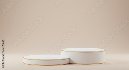 Two white and gold round podiums for product display on beige background