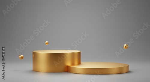 Golden podium with spheres for product display and presentation stage