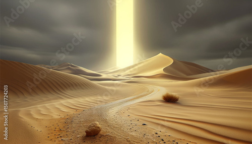 A celestial light penetrates a quiet gold desert with a magical wiping path.