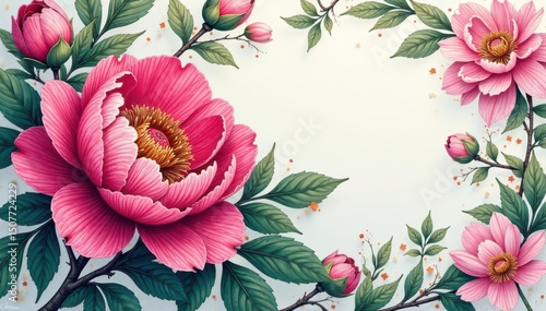 Intricate line art peony & foliage, endless design, nature, illustration