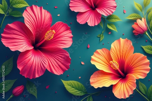 Bold, graphic hibiscus blooms in vibrant colors, geometric layout , bright, texture, print