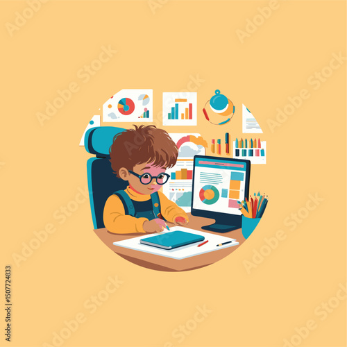 illustration of a child learning computer