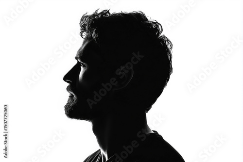 Silhouette Profile of a Bearded Man with Curly Hair in Black and White