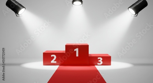 Red winners podium with numbers one, two and three under spotlights