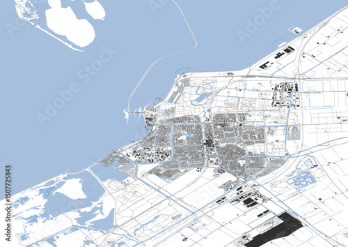 Zoomed-In Vector Map of Lelystad – Detailed Highways, Buildings, and Waterways Layout for Close-Up Urban Planning and GIS Analysis
