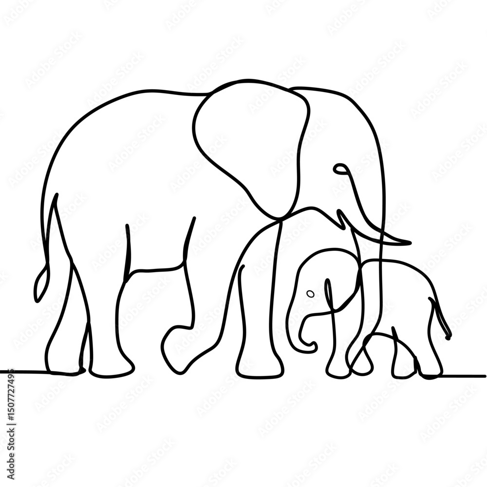 Fototapeta premium elephant vector illustration. Line Art elephant and baby elephant