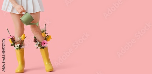 Behang Young woman in gumboots with beautiful flowers holding watering can on pink back