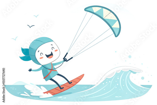 A happy cartoon character enjoys kite surfing on the ocean, riding a wave with birds flying in the background.