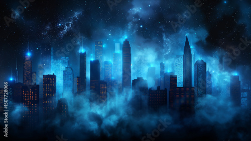 Mysterious neon glow effect. Futuristic city skyline enveloped in fog under a cosmic night sky. Perfect for sci-fi themes, dystopian narratives, and digital art backdrops.