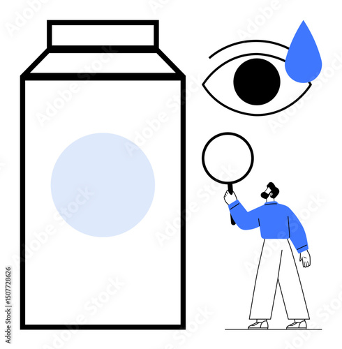 Person examining large milk carton with magnifying glass beneath eye and droplet icon. Ideal for quality control, health inspection, dairy industry, product analysis, food safety, visual care, simple