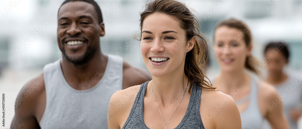 A group of smiling adults jogging outdoors in athletic wear, looking energetic and happy during their workout. A group of smiling adults jogging outdoors in athletic wear, looking energetic and happy during their workout.