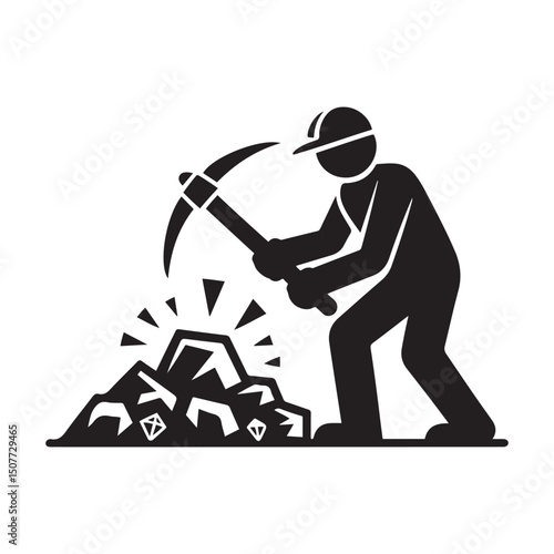 Mining resources with a pickaxe or pick axe flat vector icon for apps and games. Vector black silhouette. with white background