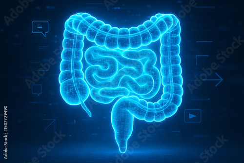 AI generated image of large and small intestines in glowing blue holographic form, combining physical anatomy with futuristic digital UI elements in a cybernetic style