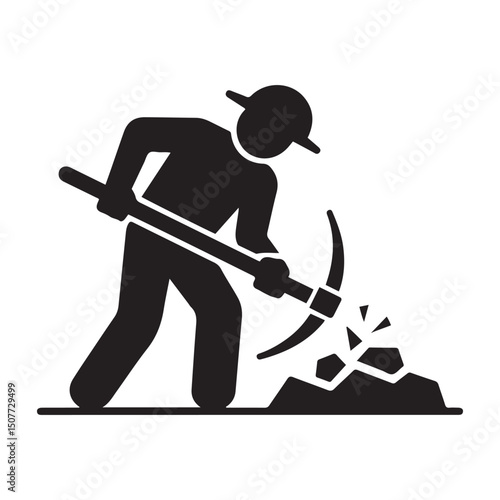 Mining resources with a pickaxe or pick axe flat vector icon for apps and games. Vector black silhouette. with white background