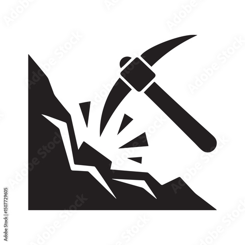 Mining resources with a pickaxe or pick axe flat vector icon for apps and games. Vector black silhouette. with white background