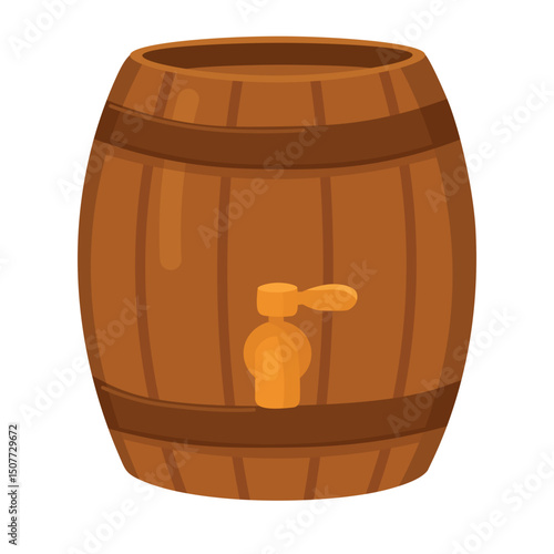 Cartoon wooden beer keg with tap in flat style, ideal for Oktoberfest and pub decorations.