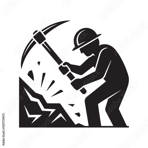 Mining resources with a pickaxe or pick axe flat vector icon for apps and games. Vector black silhouette. with white background