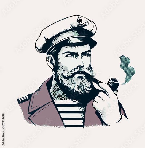 Vintage Sailor Smoking Pipe, Hand Drawn Illustration