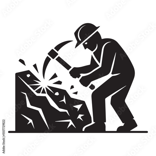 Mining resources with a pickaxe or pick axe flat vector icon for apps and games. Vector black silhouette. with white background