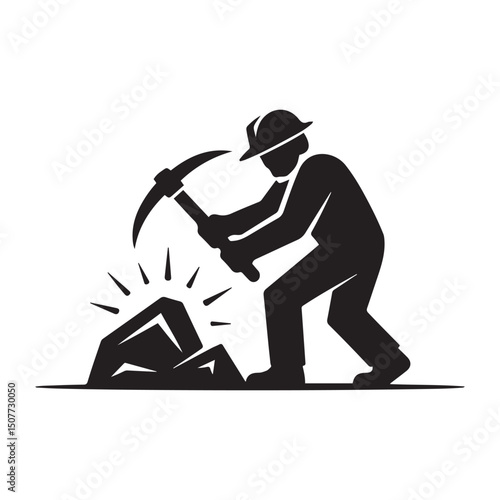 Mining resources with a pickaxe or pick axe flat vector icon for apps and games. Vector black silhouette. with white background