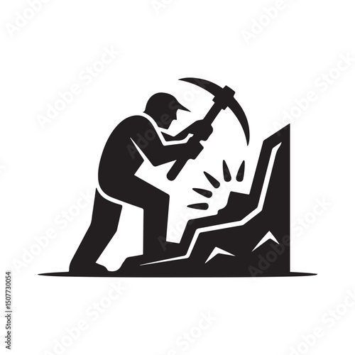 Mining resources with a pickaxe or pick axe flat vector icon for apps and games. Vector black silhouette. with white background