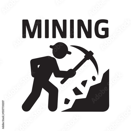 Mining resources with a pickaxe or pick axe flat vector icon for apps and games. Vector black silhouette. with white background