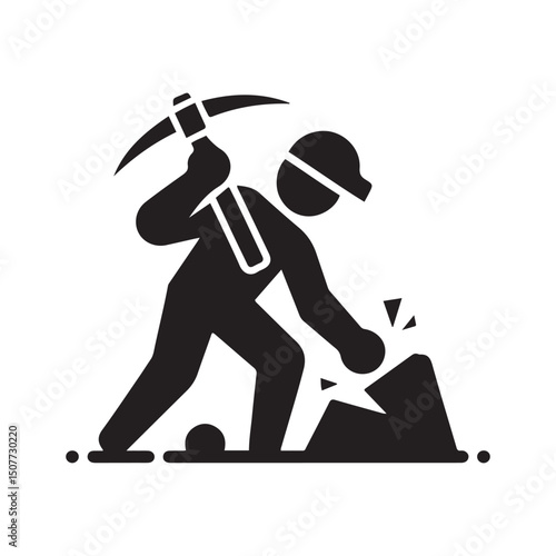 Mining resources with a pickaxe or pick axe flat vector icon for apps and games. Vector black silhouette. with white background