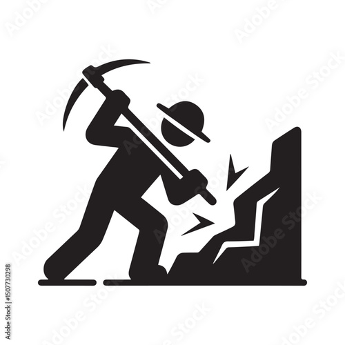Mining resources with a pickaxe or pick axe flat vector icon for apps and games. Vector black silhouette. with white background