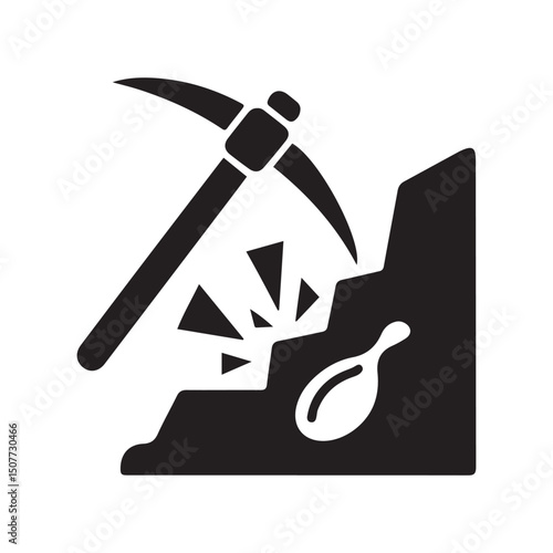 Mining resources with a pickaxe or pick axe flat vector icon for apps and games. Vector black silhouette. with white background