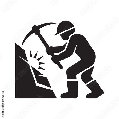 Mining resources with a pickaxe or pick axe flat vector icon for apps and games. Vector black silhouette. with white background