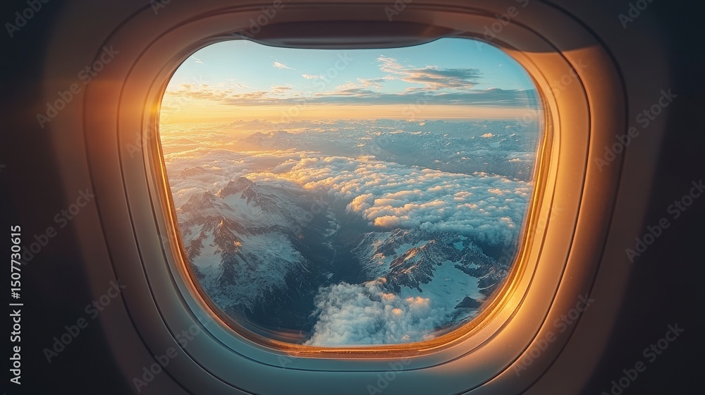 Airplane window view of snow-covered mountains and clouds under a bright sunrise sky Airplane window view of snow-covered mountains and clouds under a bright sunrise sky