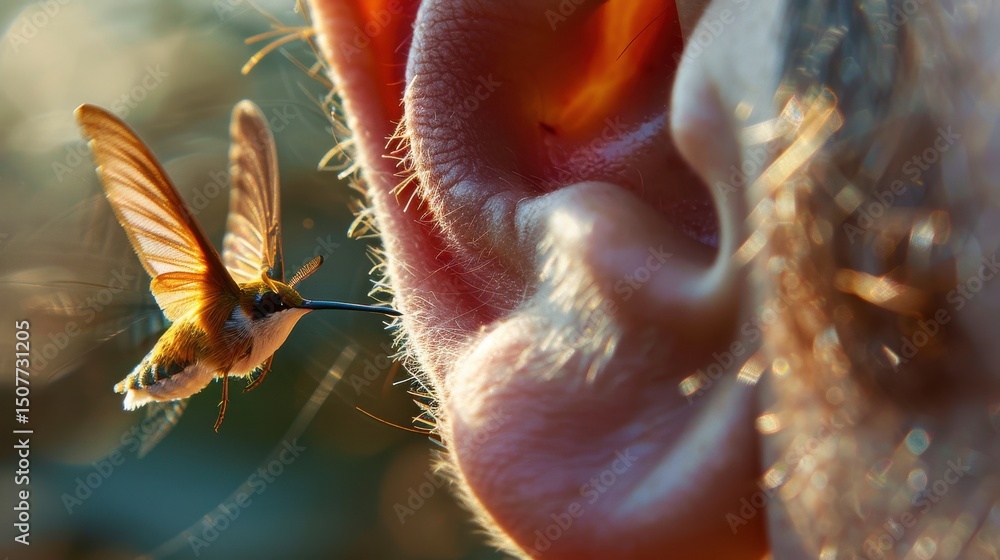 Fototapeta premium Extreme macro ear with tiny hummingbird moth hovering near lobe, visible wing detail, grainy high-speed photography.