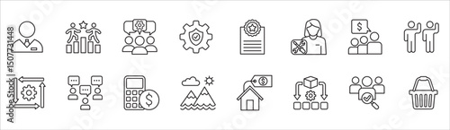 Business and management icon set. Contains symbol of businessman, target, leadership, progress, holiday, data, stock, market, accounting, training, resource, finance, service. Vector illustration