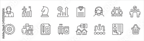 Business and management icon set. Contains symbol of businessman, target, leadership, progress, holiday, data, stock, market, accounting, training, resource, finance, service. Vector illustration