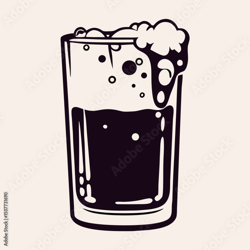 Glass of Beer with Foam, Black and White Illustration