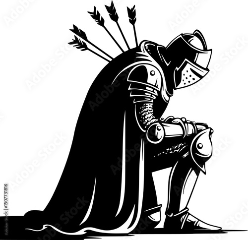 Minimalist Ink Illustration of a Defeated Medieval Knight Kneeling in Prayer with Arrows , Minimalist Ink Illustration of Defeated Medieval Knight with Arrows
