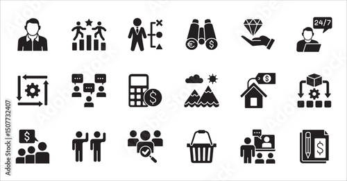 Business company and Management icon set. Contains symbol of teamwork, target, market, global, success, customer service, leadership, holiday, asset, meeting, entrepreneur. Vector illustration