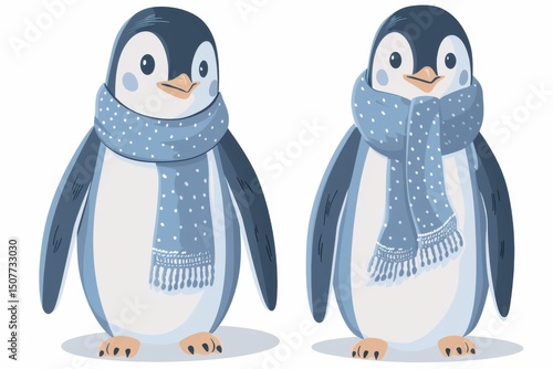 Flat design of an adorable penguin wearing a cool blue polka-dotted scarf, soft gray tones, minimal details, isolated on white.