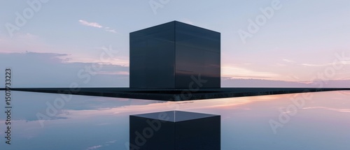 Twilight reflections show a floating black glass cube hovering over still water, brutalist architecture detail in a serene space.