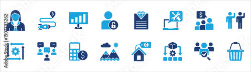 Business and management icon set. Contains symbol of businessman, target, leadership, progress, holiday, data, stock, market, accounting, training, resource, finance, service. Vector illustration
