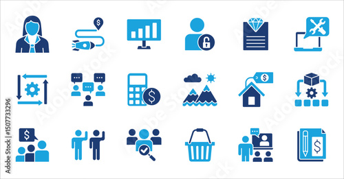 Business company and Management icon set. Contains symbol of teamwork, target, market, global, success, customer service, leadership, holiday, asset, meeting, entrepreneur. Vector illustration