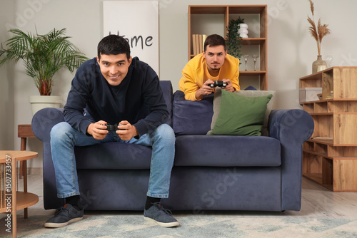 Young brothers playing vide...