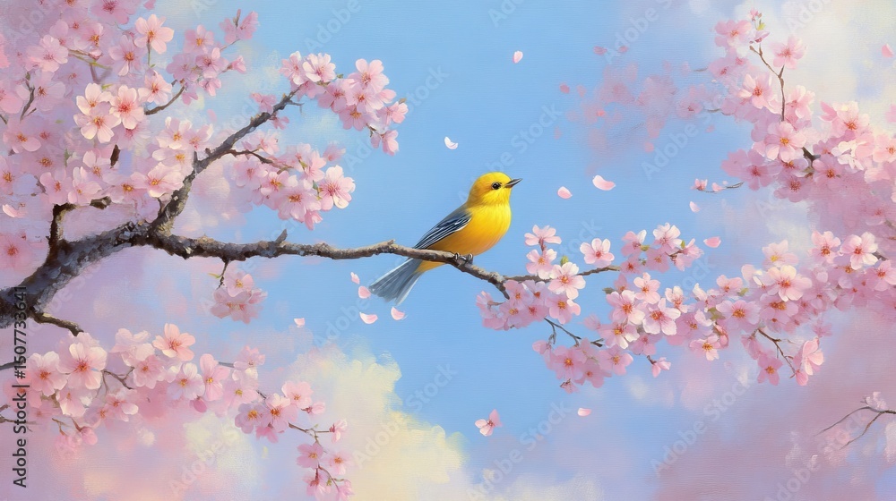A serene scene of a yellow bird perched amongst blossoming cherry trees. A serene scene of a yellow bird perched amongst blossoming cherry trees.