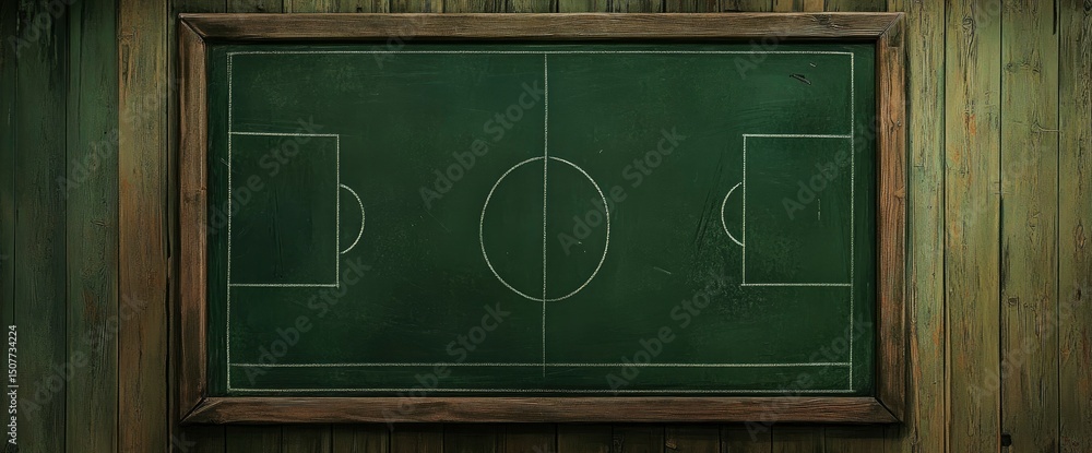 Fototapeta premium Vintage Chalkboard with Hand-Drawn Soccer Field Diagram on Wooden Wall