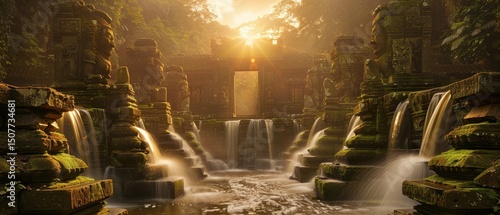 Golden hour illuminates forgotten temple ruins water flows moss-covered guardians watch over ancient channels.