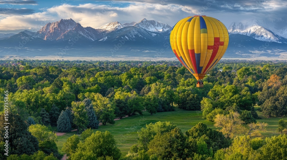 Naklejka premium Colorful hot air balloon over a valley with mountains in the background.
